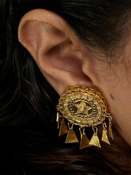 Jugnu by Hussain Rehar circular antique-style earrings with intricate patterns and small dangling elements, bold vintage-inspired statement accessory.