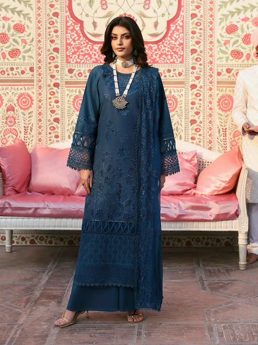 Stitched 3 piece lawn suit from Mahnur Husn e Jahan Collection with laser embroidered shirt, chiffon dupatta, and dyed trouser