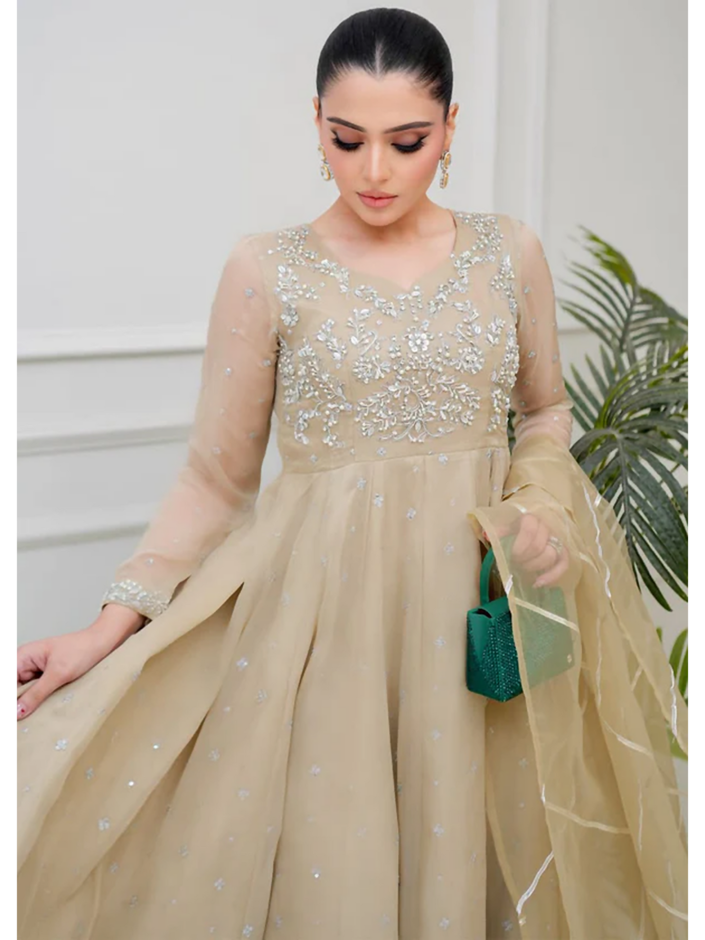 Allure By IH Lehr Chiffon Embroidered Lehenga-Oat