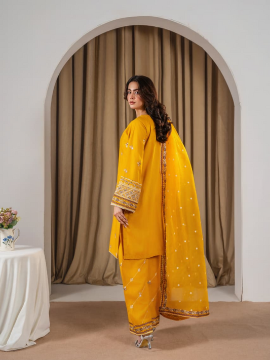 Tehzeeb Libas Linen Embroidered Stitched 3-Piece Suit-Preet