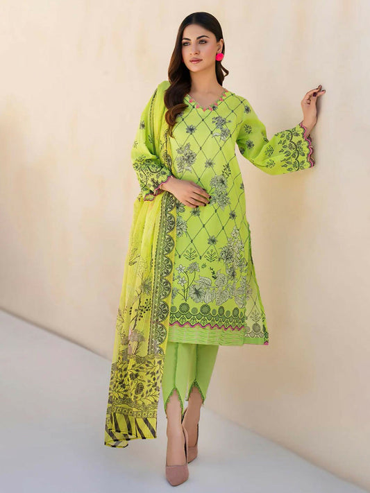 Unstitched 3-piece suit featuring lime green digital printed slub lawn shirt with black floral and trellis patterns and pink accents, matching lime fancy fabric dupatta with botanical borders, and plain lawn trouser.