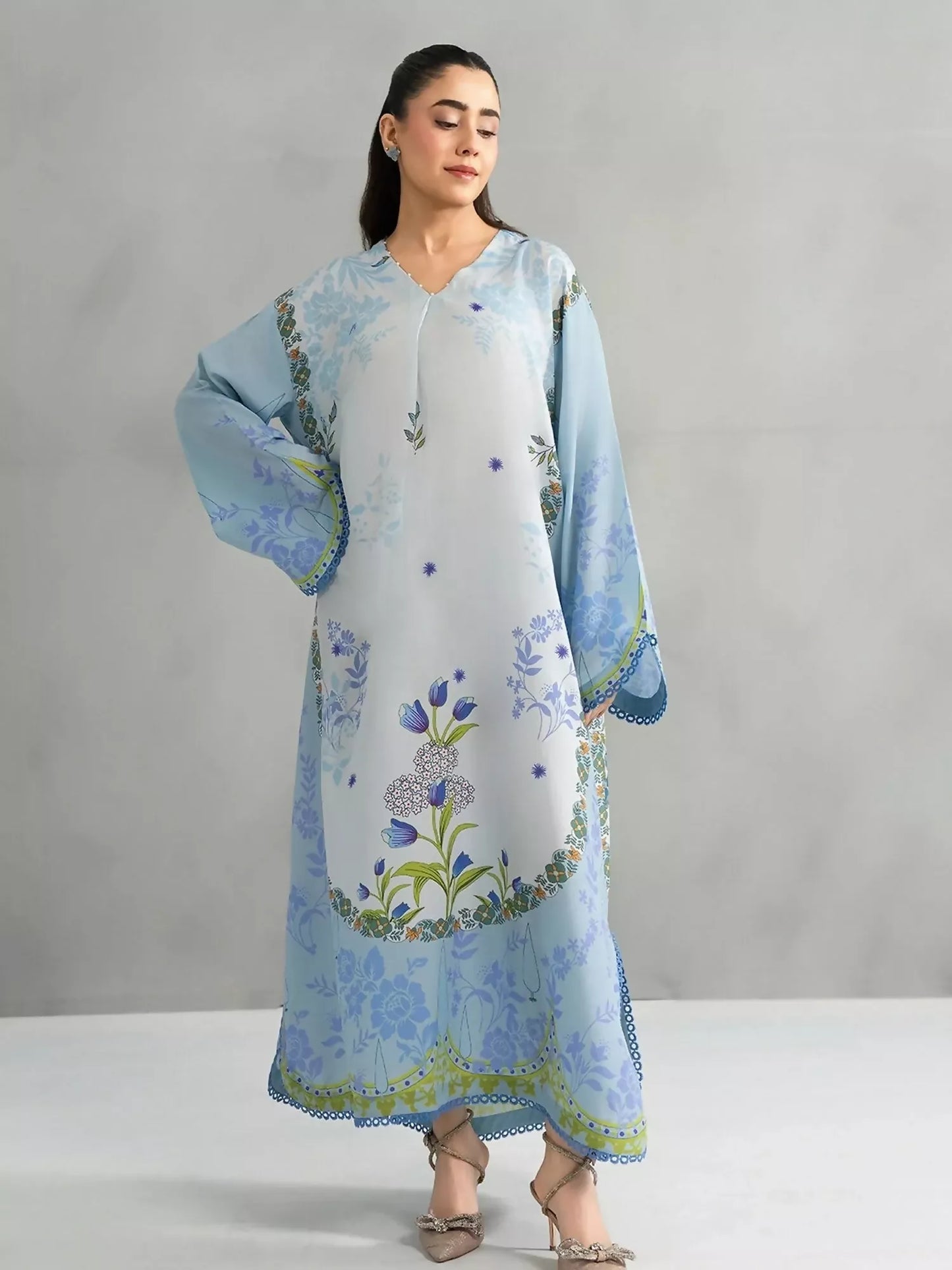 Panache Apparel Dear Summer Silk Lawn Printed Kaftan-Blue Whisper