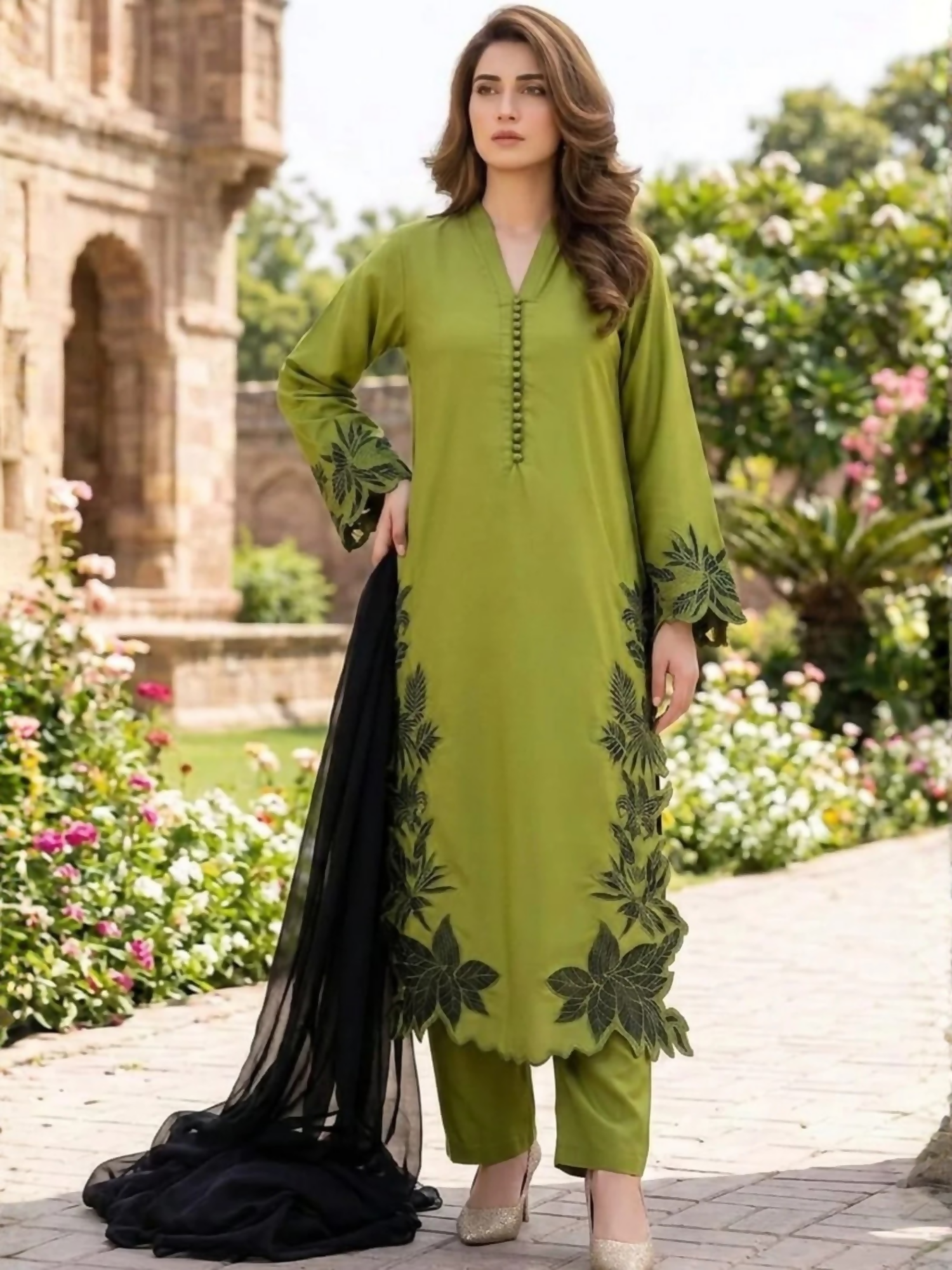 Duas Boutique Linen Embroidered Stitched 3-Piece Suit-Haryali