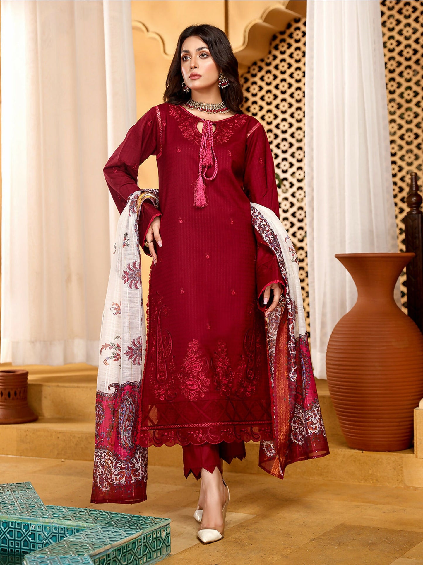 Binilyas Dobby Embroidered Unstitched 3-Piece Suit-D 741-B
