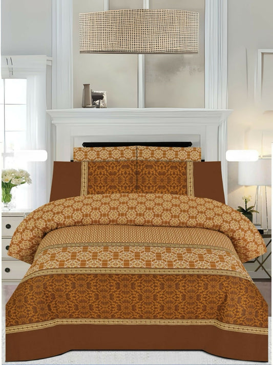 Light brown and dark brown printed king size bedsheet with two matching pillow covers, neatly spread on a bed.