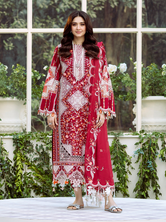 Elegant lawn suit featuring borer-embroidered center panel, organza lace and motifs, embroidered fancy dupatta with pallo lace, and a dyed cotton trouser.