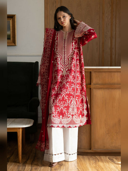 Red Zara Shahjahan Luxury Lawn Embroidered Unstitched 3-Piece Suit-Mei-8A
