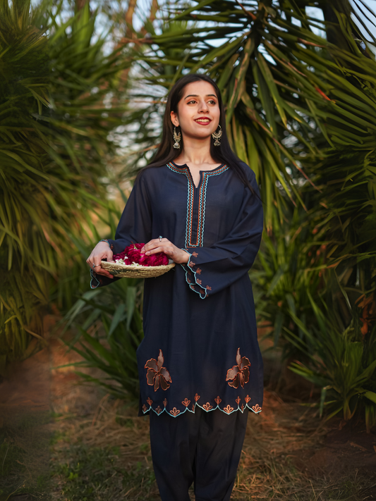 Kachy Dhaagy AMAL black stitched embroidered lawn 2-piece suit featuring embroidered shirt with neckline and sleeve detailing, paired with embroidered trouser.
