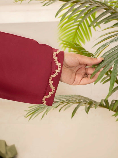 Stylish Collection Aaraish Linen Embroidered Co-Ord Set-Maroon Ringles