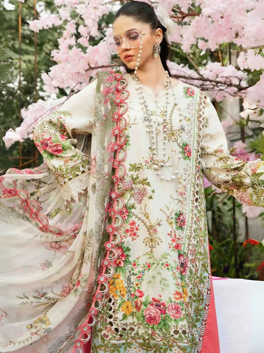 Unstitched 3-piece Maria.B lawn suit with embroidered organza patti and printed chiffon dupatta.