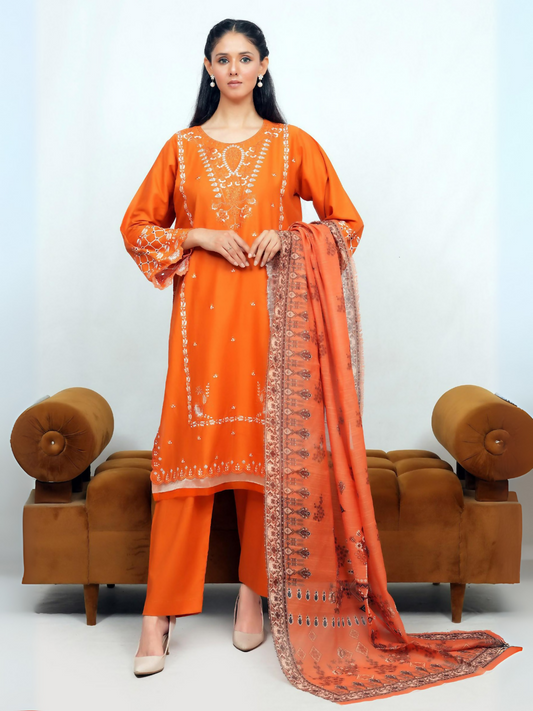 Woman wearing stitched 3-piece suit with intricate white embroidery on straight-cut shirt, full sleeves with embellished cuffs, digitally printed dupatta, and matching straight trouser.
