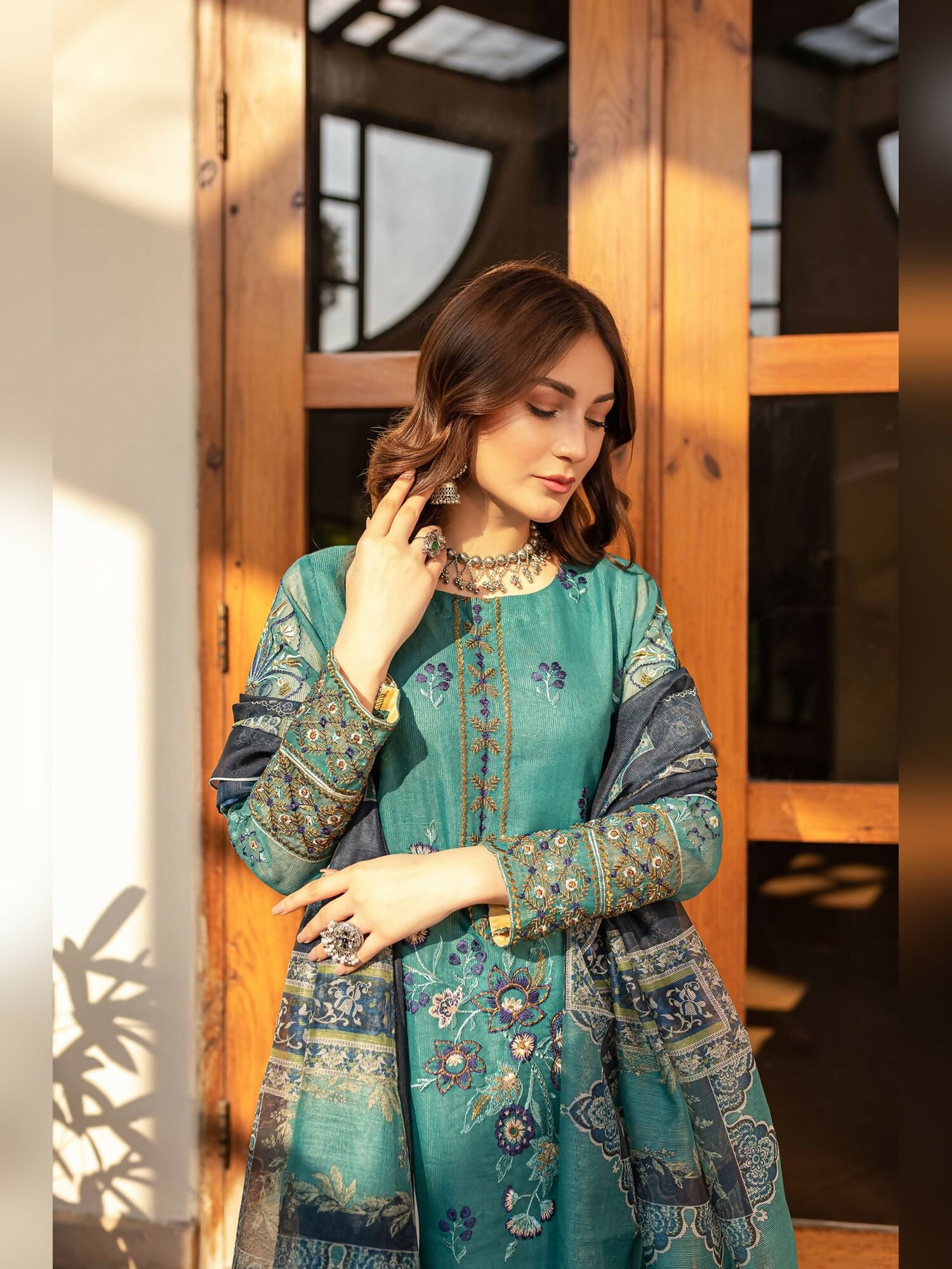 Panache Apparel Organza Net Embroidered Stitched Suit-Misty