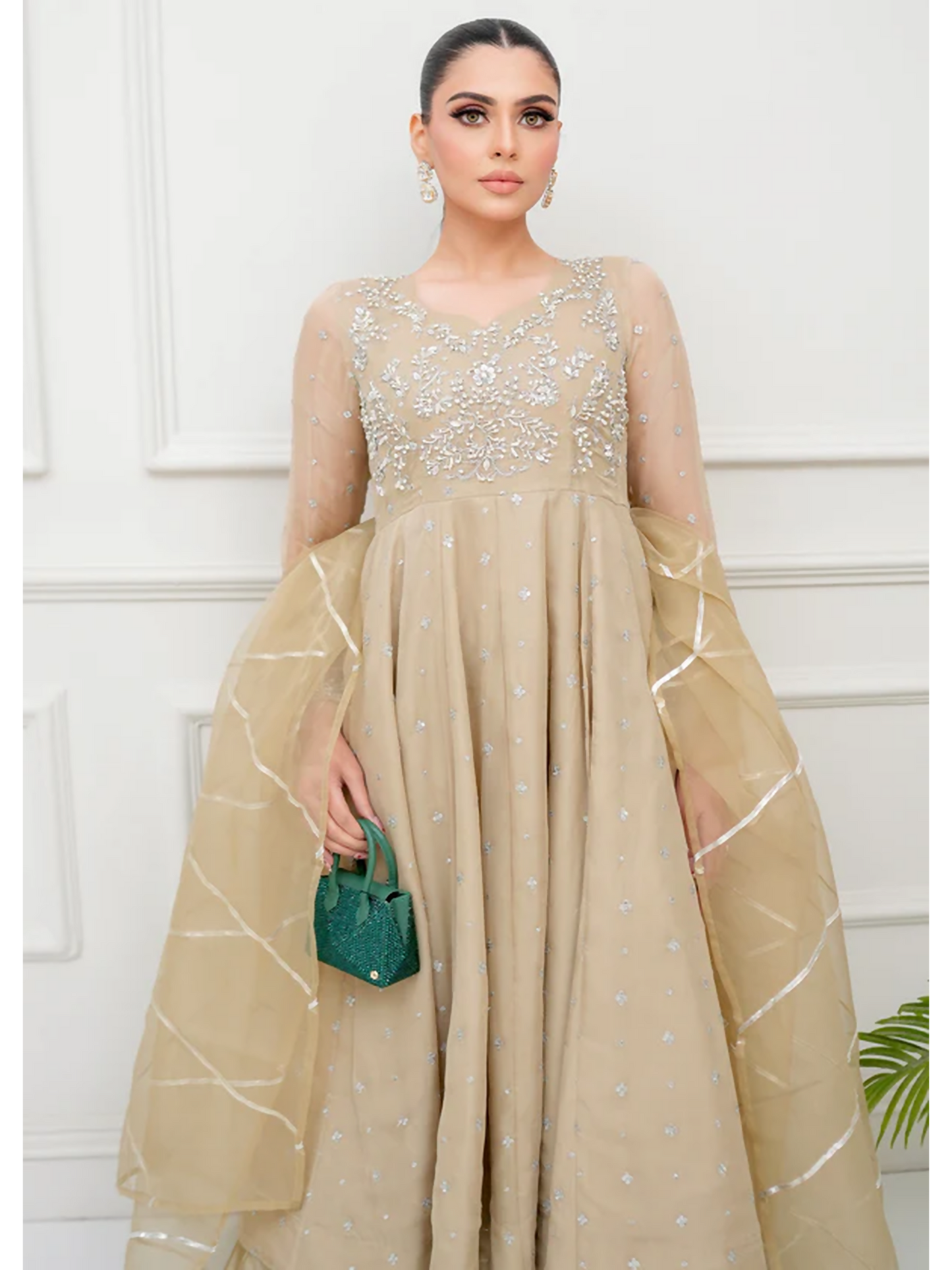 Allure By IH Lehr Chiffon Embroidered Lehenga-Oat