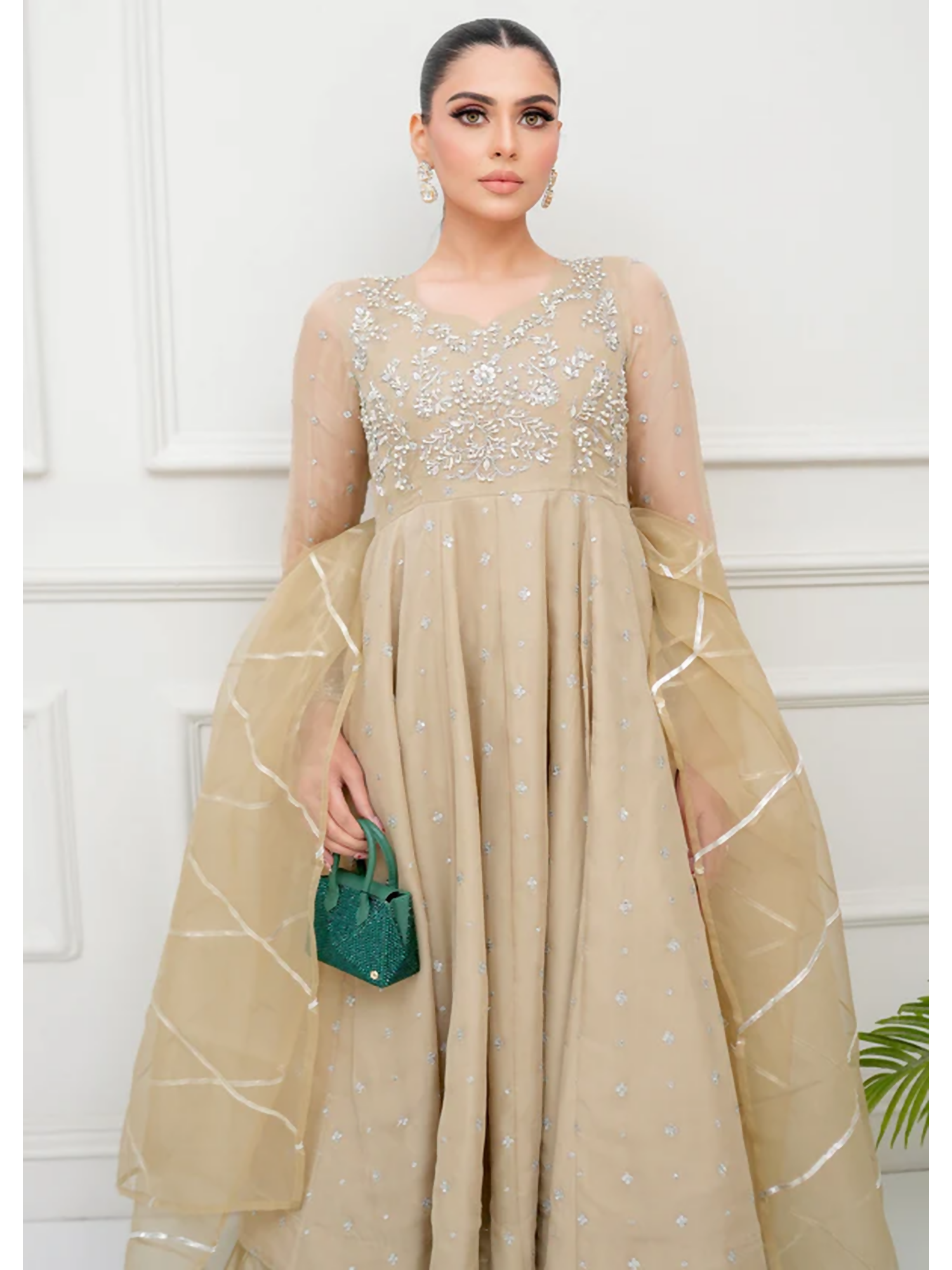 Allure By IH Lehr Chiffon Embroidered Lehenga-Oat