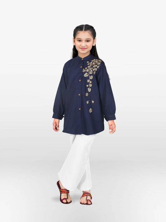 Dark Blue Velvour Girls Embroidered Stitched Tunic-VG120-B