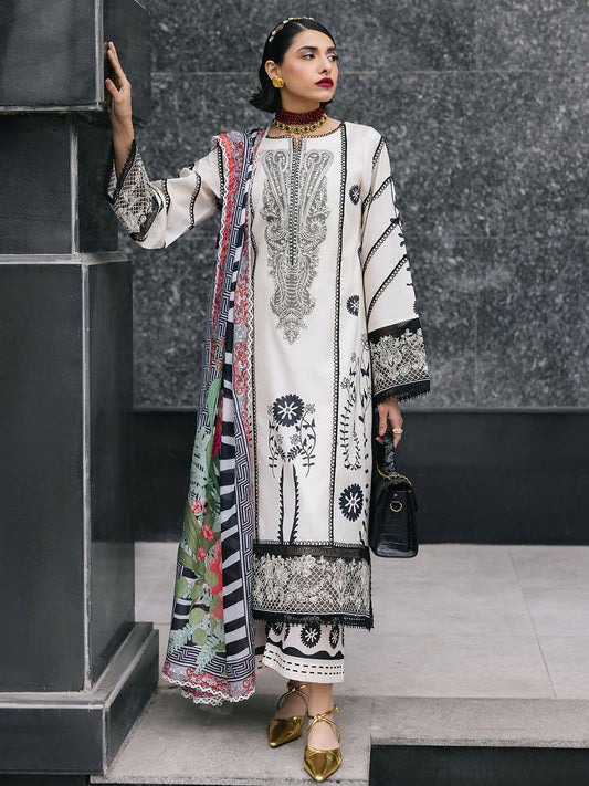 Unstitched 3-piece suit from Mahnur Broadway Luxury Lawn featuring a printed lawn shirt with embroidered neckline and borders, silk printed dupatta, and printed trouser.