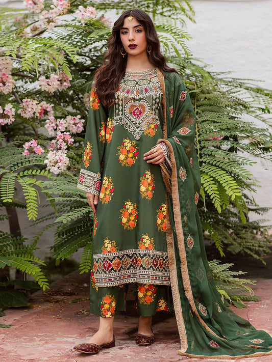 Three-piece unstitched dress set – viscose printed shirt with embroidered organza neckline and embroidered borders for front and sleeves – embroidered chiffon dupatta – 2.65 yards – printed trouser – 2.65 yards