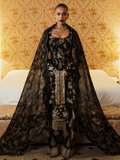 Hussain Rehar stitched 3-piece suit with embellished raw silk shirt, organza dupatta, and shalwar with chanderi silk poncha.