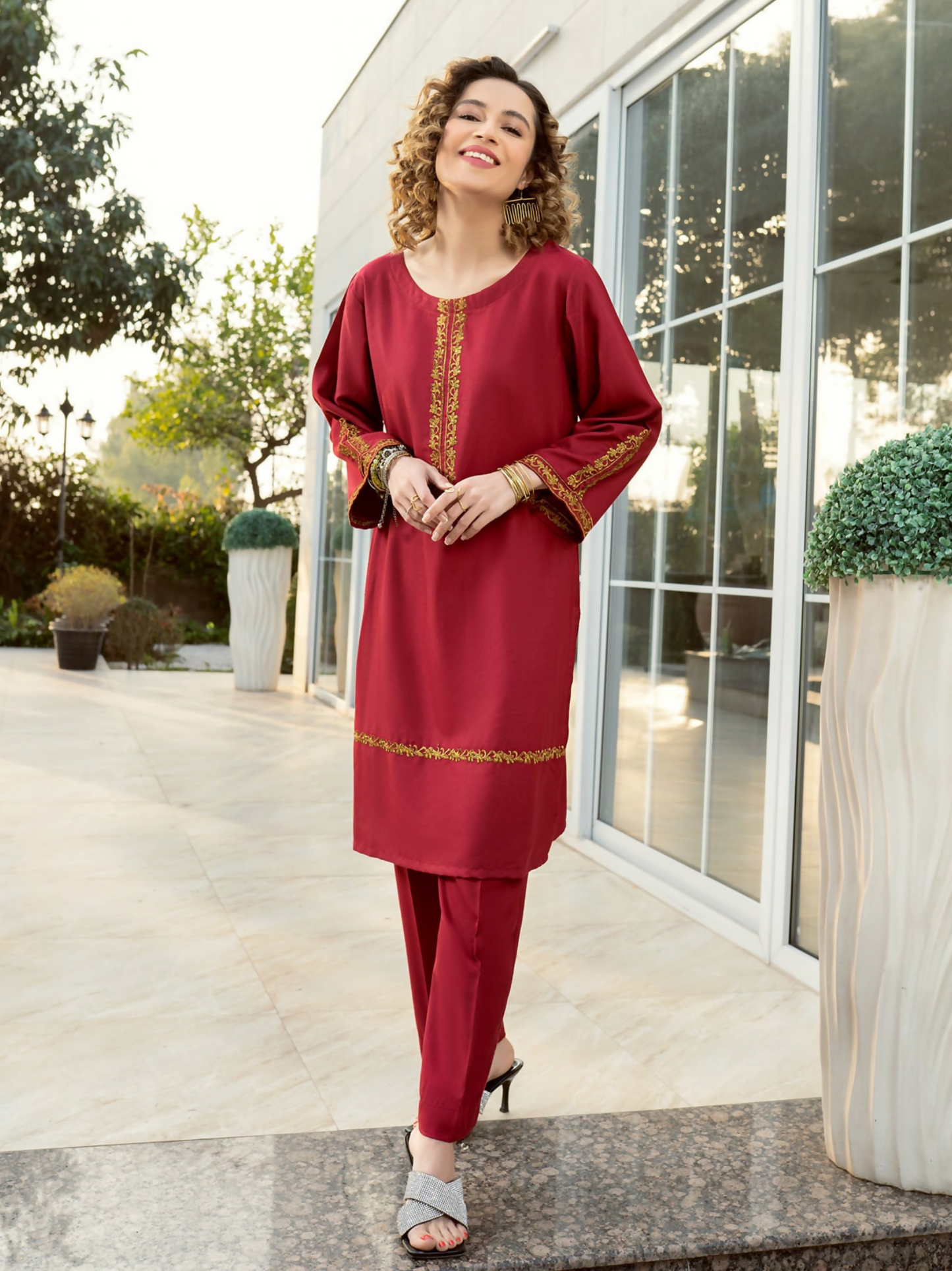 Panache Apparel Lawn Embroidered Stitched 2-Piece Suit-Maroon Sleek