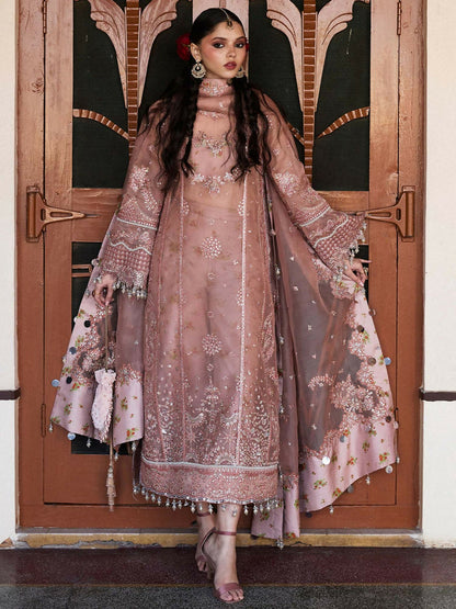 Brownish pink unstitched 3-piece suit featuring embroidered organza shirt, printed Thai silk inner, organza dupatta with embroidered borders, and floral printed Korean raw silk trouser