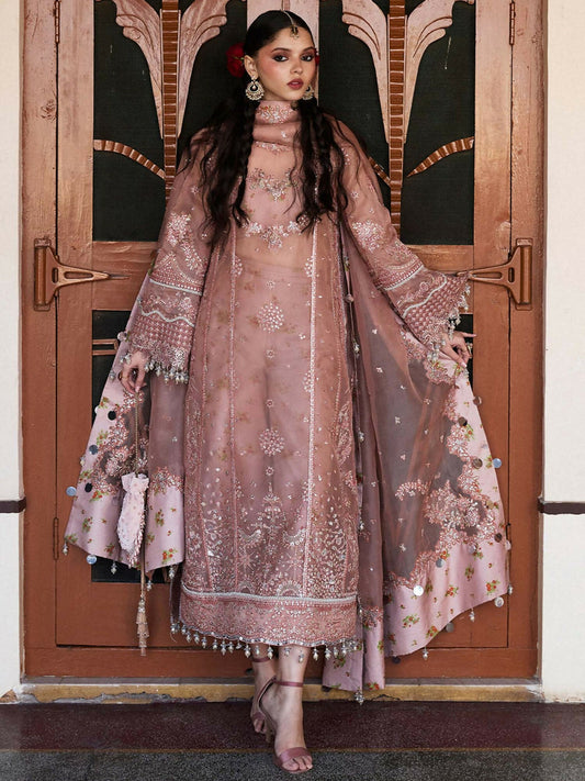 Brownish pink unstitched 3-piece suit featuring embroidered organza shirt, printed Thai silk inner, organza dupatta with embroidered borders, and floral printed Korean raw silk trouser
