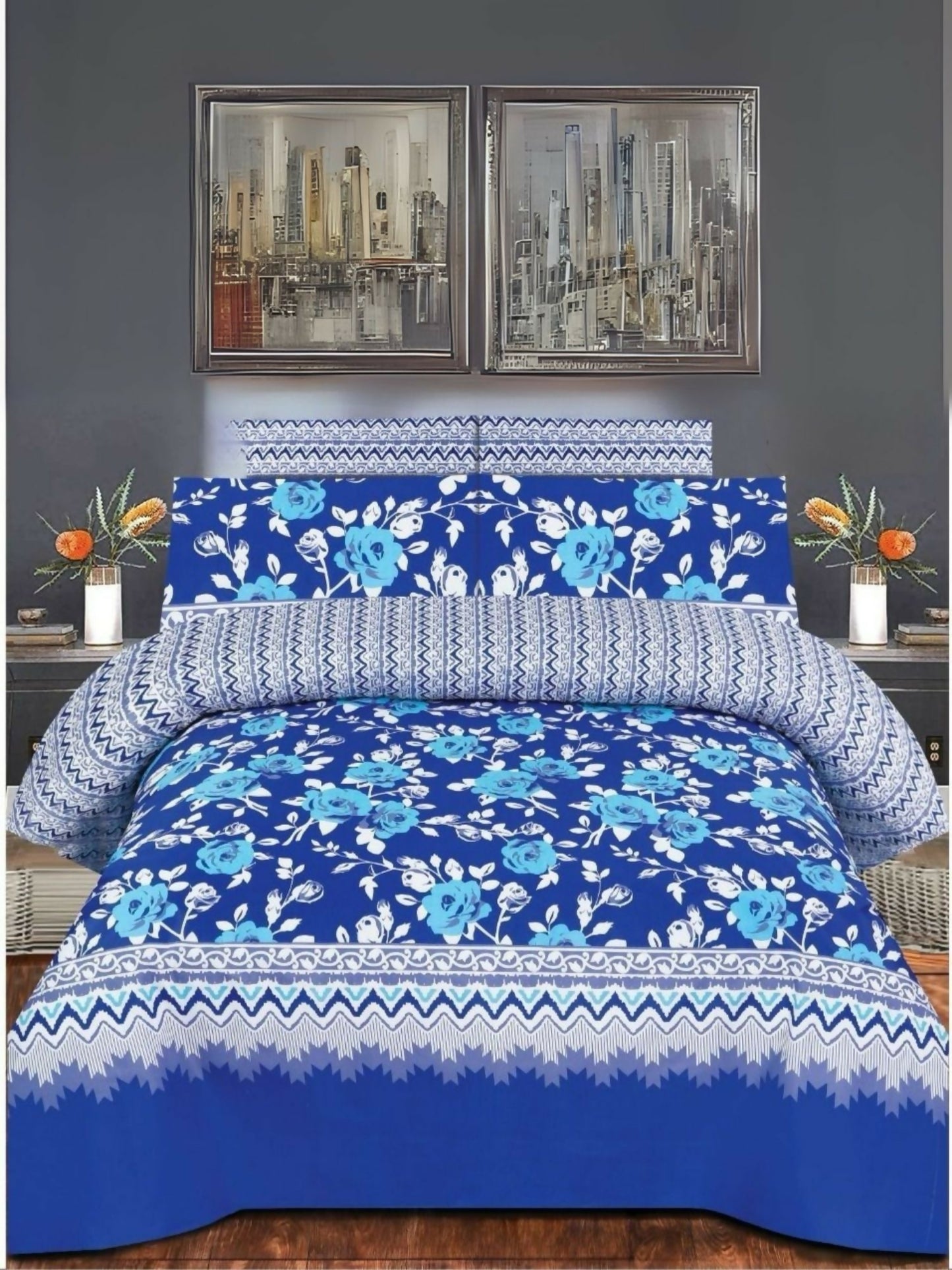 Danier 6pcs comforter set with blue and teal floral design – includes comforter, bedsheet, and four pillow covers.