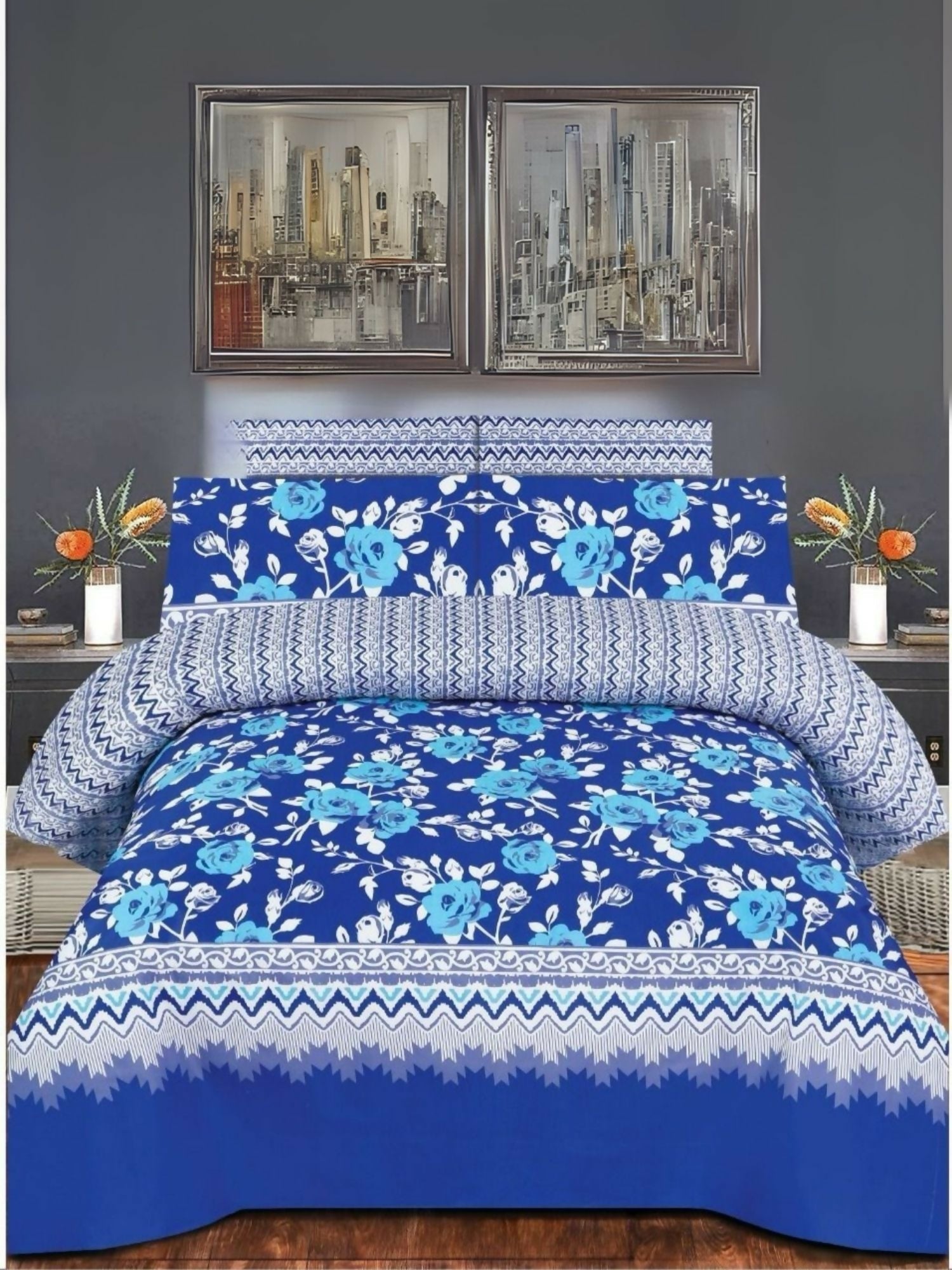 Danier 6pcs comforter set with blue and teal floral design – includes comforter, bedsheet, and four pillow covers.