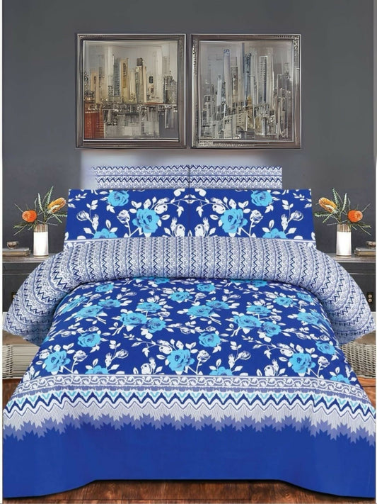 Danier 6pcs comforter set with blue and teal floral design – includes comforter, bedsheet, and four pillow covers.