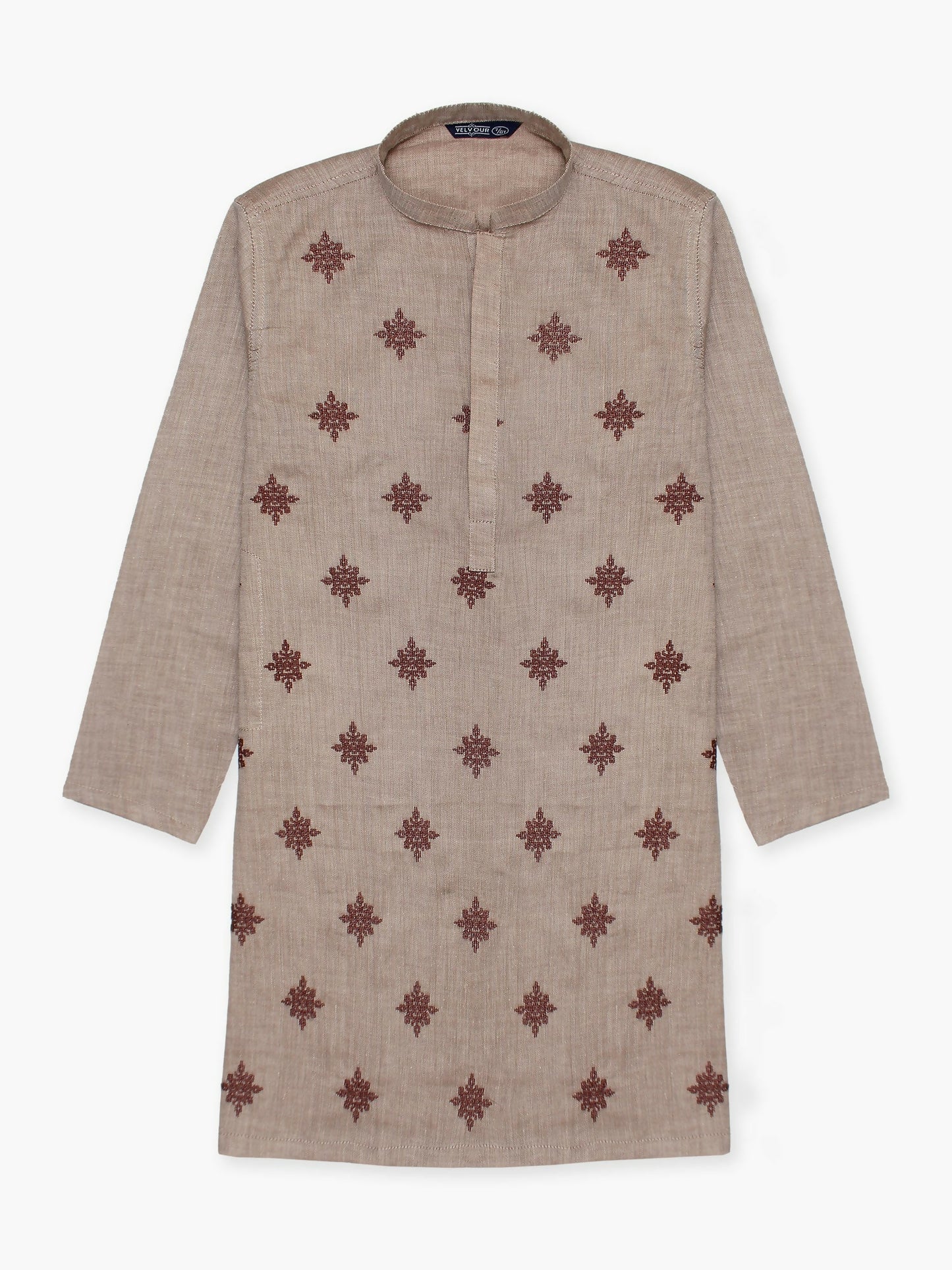 Boy wearing embroidered stitched cotton kurta with mandarin collar, full sleeves, and regular fit, ideal for festive and cultural wear