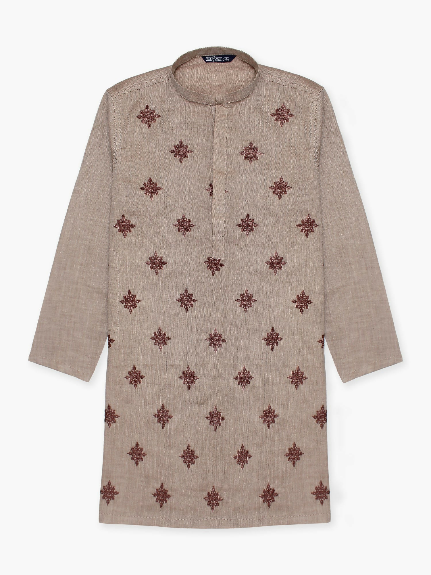 Boy wearing embroidered stitched cotton kurta with mandarin collar, full sleeves, and regular fit, ideal for festive and cultural wear