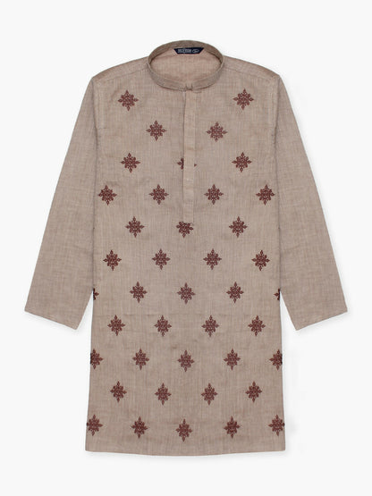 Boy wearing embroidered stitched cotton kurta with mandarin collar, full sleeves, and regular fit, ideal for festive and cultural wear