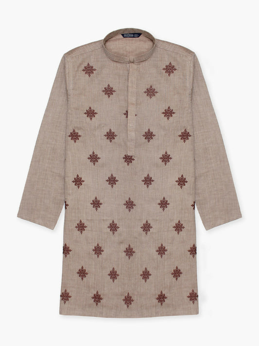 Boy wearing embroidered stitched cotton kurta with mandarin collar, full sleeves, and regular fit, ideal for festive and cultural wear