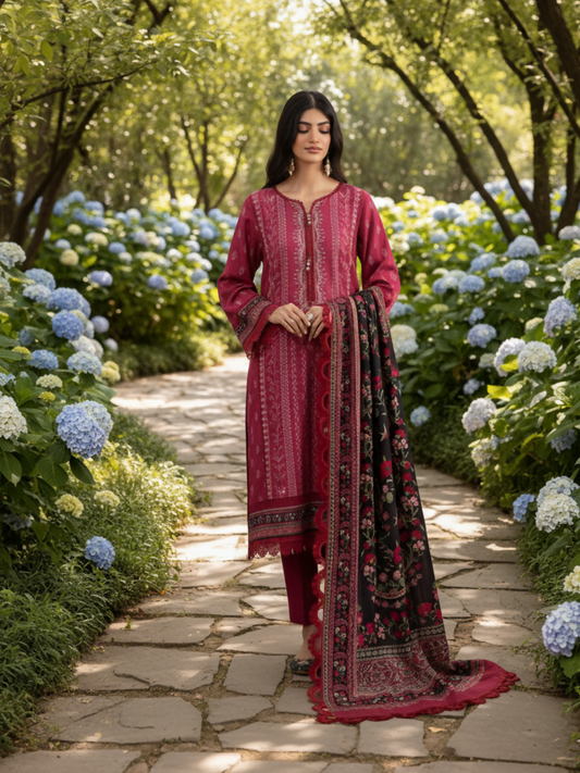 Mausummery Linen Printed Unstitched 3-Piece Suit-Ruby