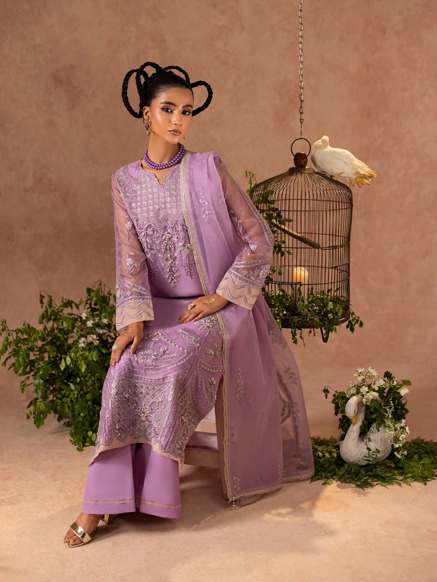 Shurooq Geet Organza Embroidered Stitched 3-Piece Suit-Ragni