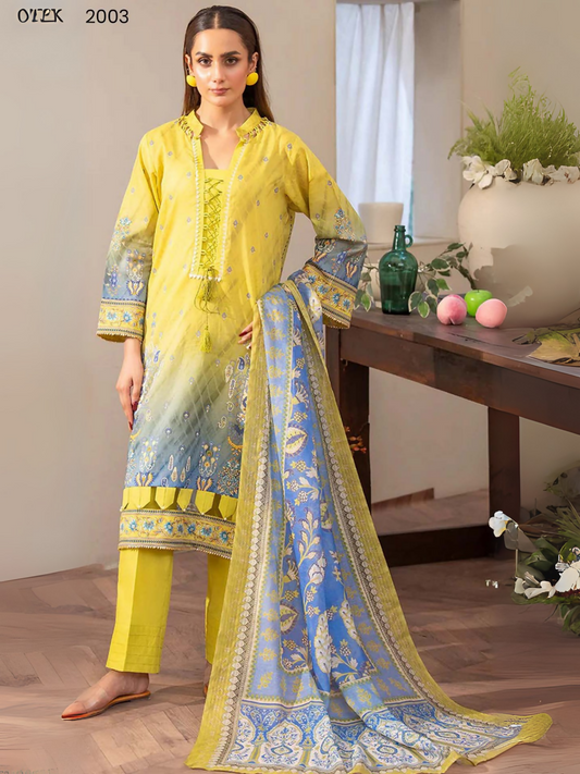 Lemon yellow unstitched 3-piece lawn suit by Sitara Studio with gradient blue digital print, dyed trouser, and printed blue-yellow dupatta