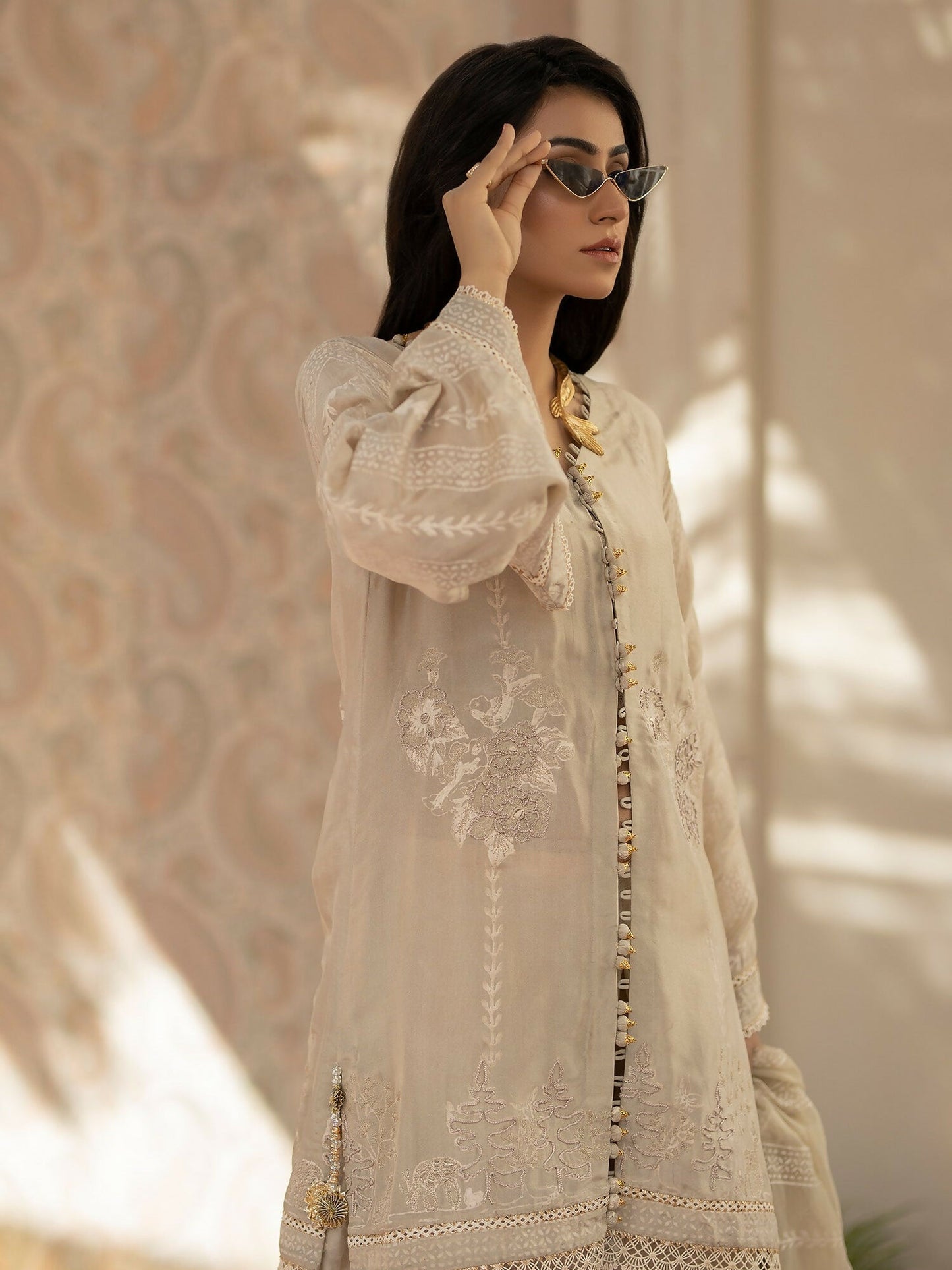 Shiza Hassan Chap Tilak Formals Pure Tusser Silk Embellished Stitched 3-Piece Suit-Carnation