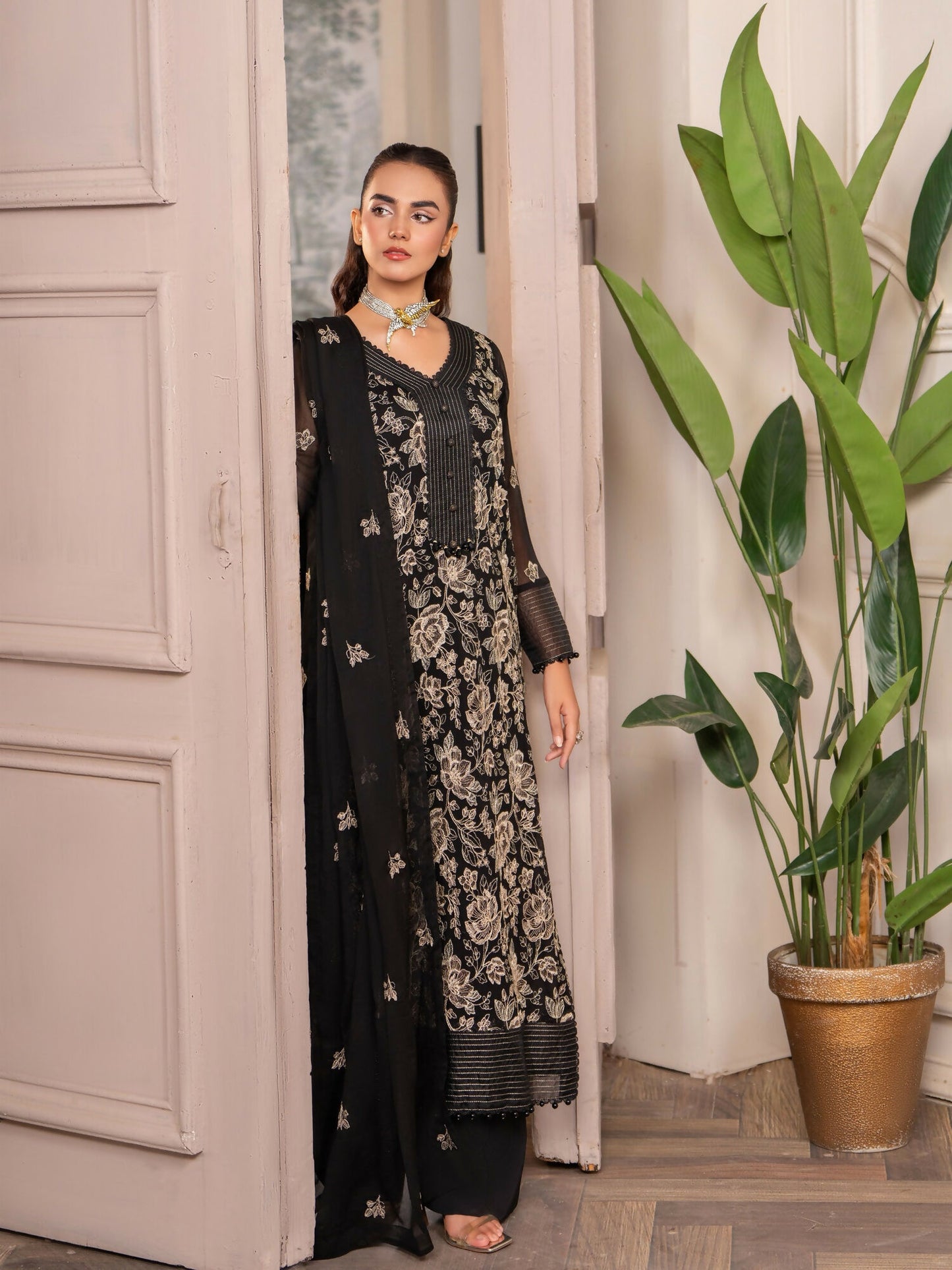Hemstitch Chiffon Embroidered Stitched 3-Piece Suit-Leia