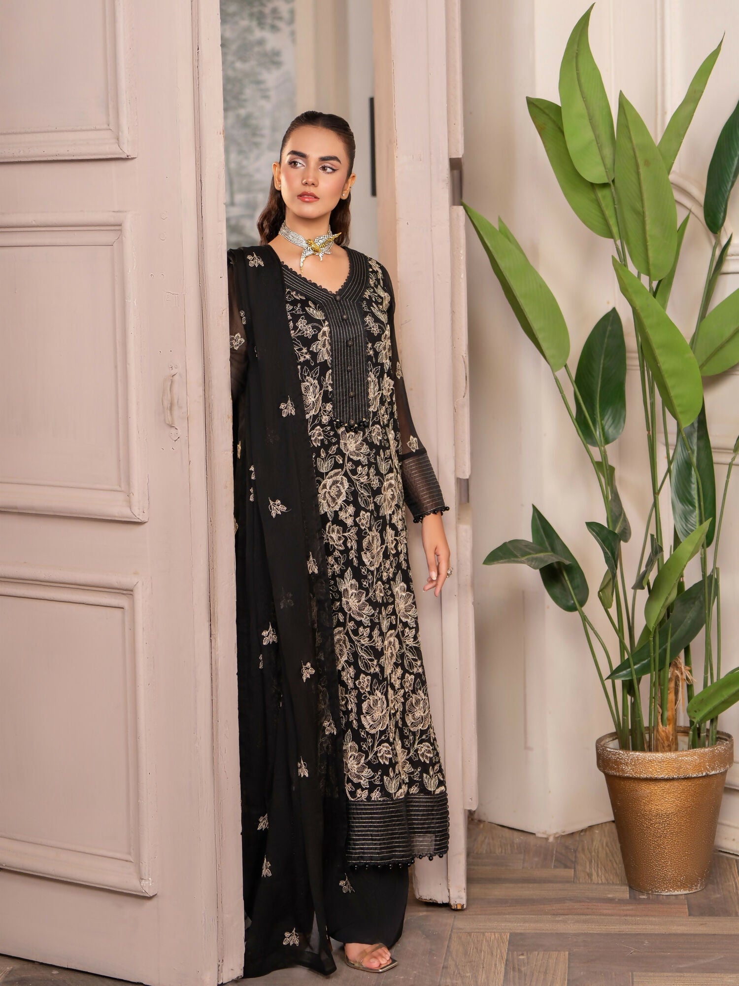 Hemstitch Chiffon Embroidered Stitched 3-Piece Suit-Leia