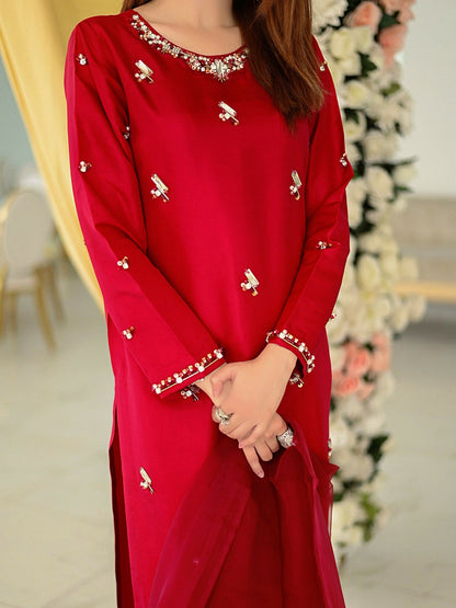 Allure By IH Raw Silk Embellished Stitched 3-Piece Suit-Rosa