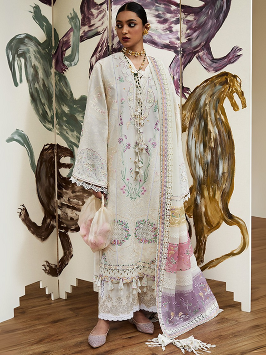 Off-white embroidered lawn unstitched 3-piece suit by Zoha by Ansab Jahangir with organza patches, chiffon dupatta with embroidered borders, and cambric trouser.