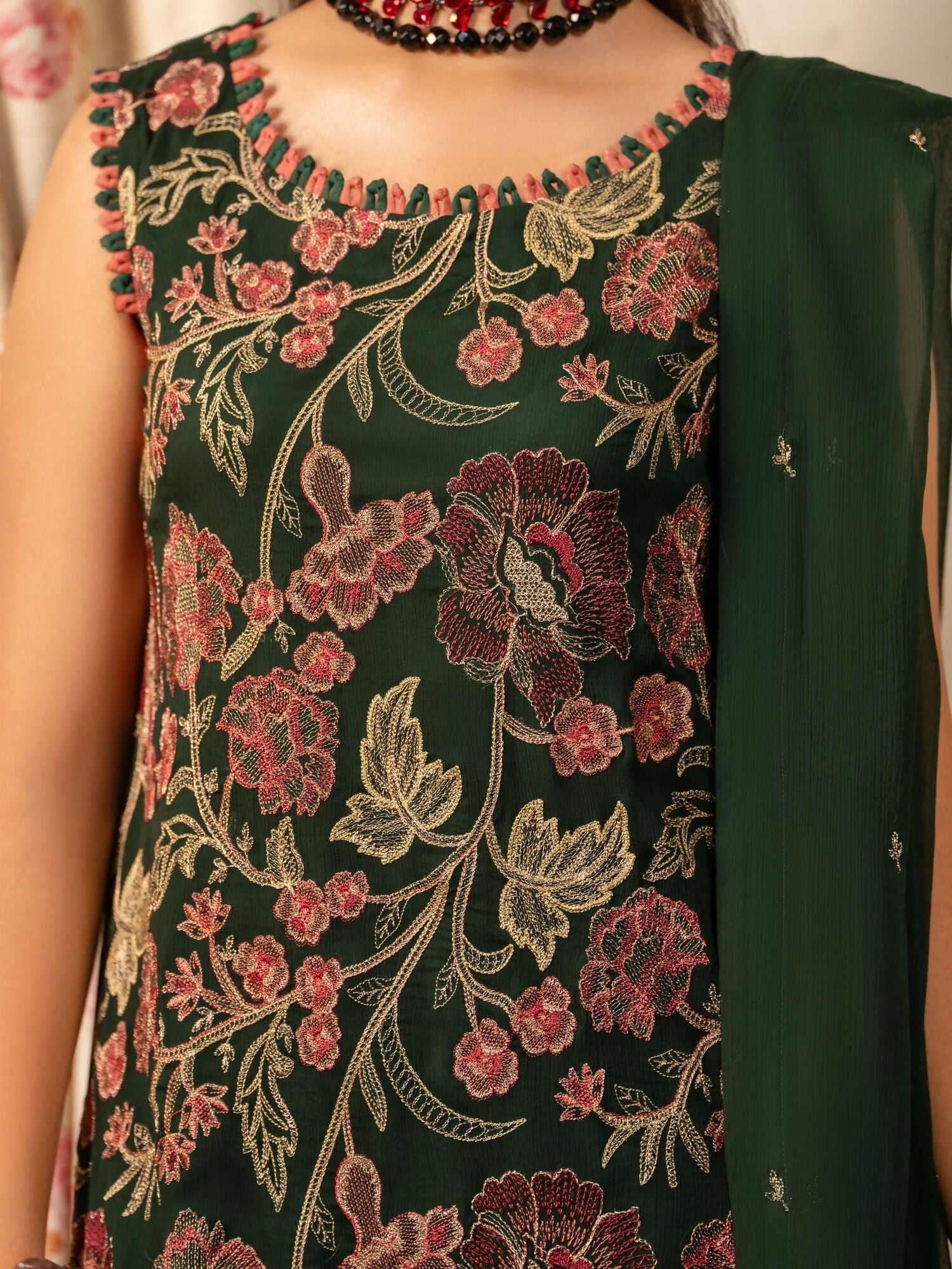 Hemstitch Chiffon Embroidered Stitched 3-Piece Suit-Jade