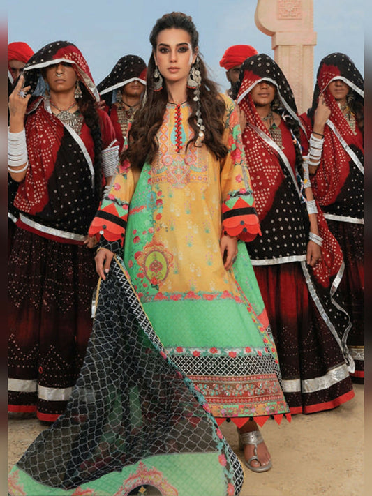 Green and Mustard Wardha Saleem Summer Collection Lawn Embroidered Unstitched 3-Piece Suit-D-05 Chaar Baagh