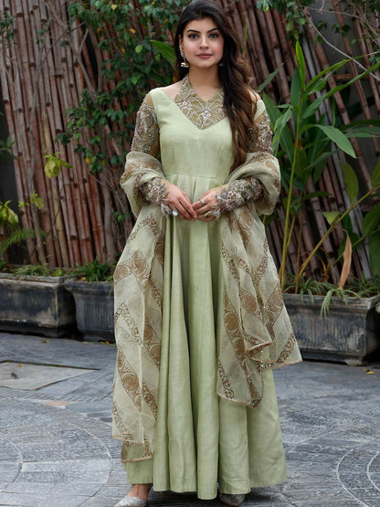 Shiza Hassan Nadia Luxury Pret Korean Raw Silk Embellished Pishwas-Mint Luminance