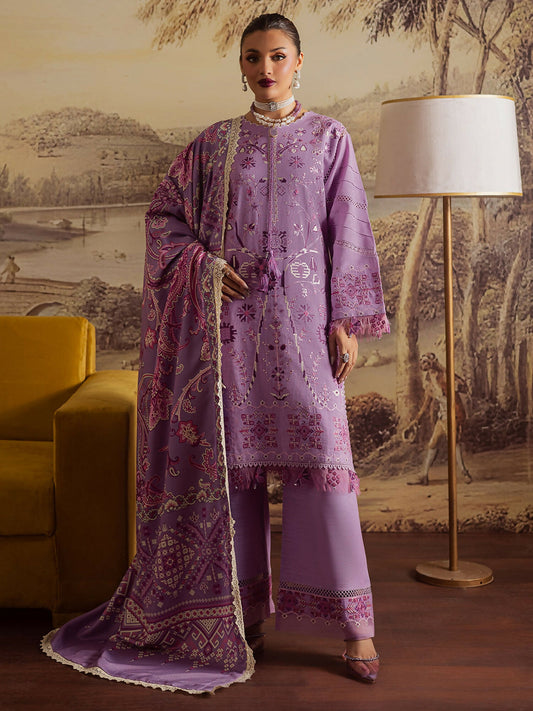 Mahnur Nova Khadar stitched 3-piece suit with embroidered khaddar shirt, printed wool shawl, and trouser with embroidered border.