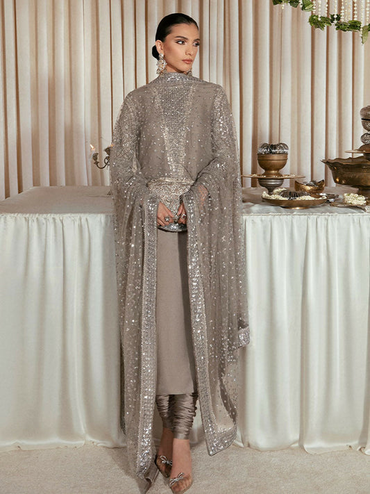 Hussain Rehar – Grey Raw Silk Embellished Formal Outfit with Net Dupatta