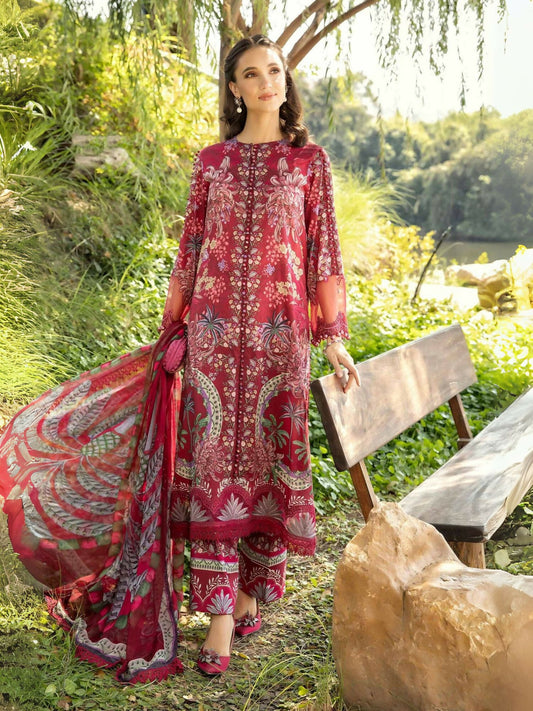 Maria.B maroon printed lawn shirt with dual embroidered organza pattis, printed cambric trouser, and printed chiffon dupatta.