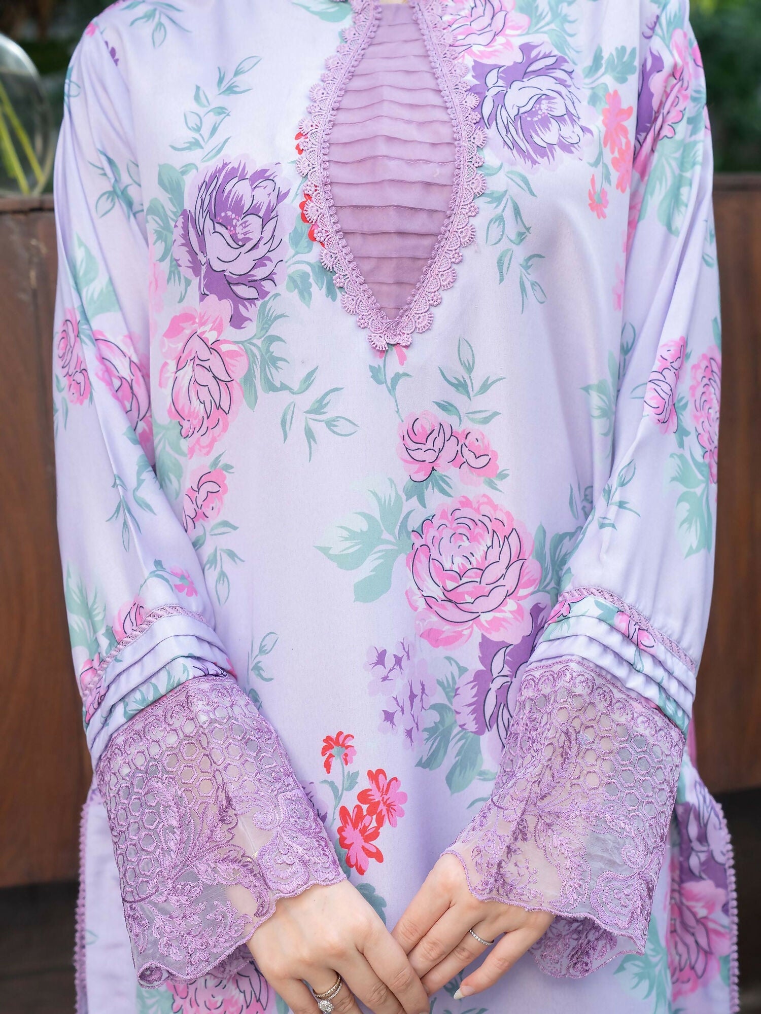 Panache Apparel Raw Silk Embroidered Stitched Suit-Lavender Bloom