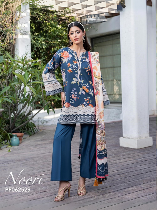 Unstitched 3-piece suit with blue floral printed lawn shirt, white dobby voil dupatta with multi-color patterns, and plain blue dyed cotton trouser, ideal for summer wear.