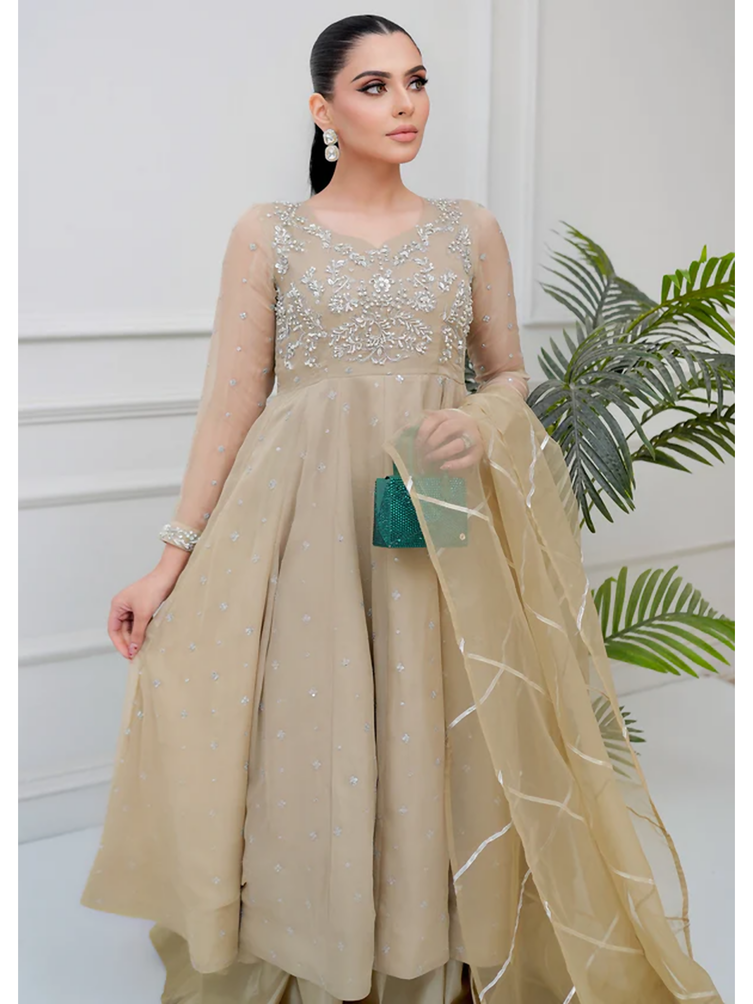 Allure By IH Lehr Chiffon Embroidered Lehenga-Oat