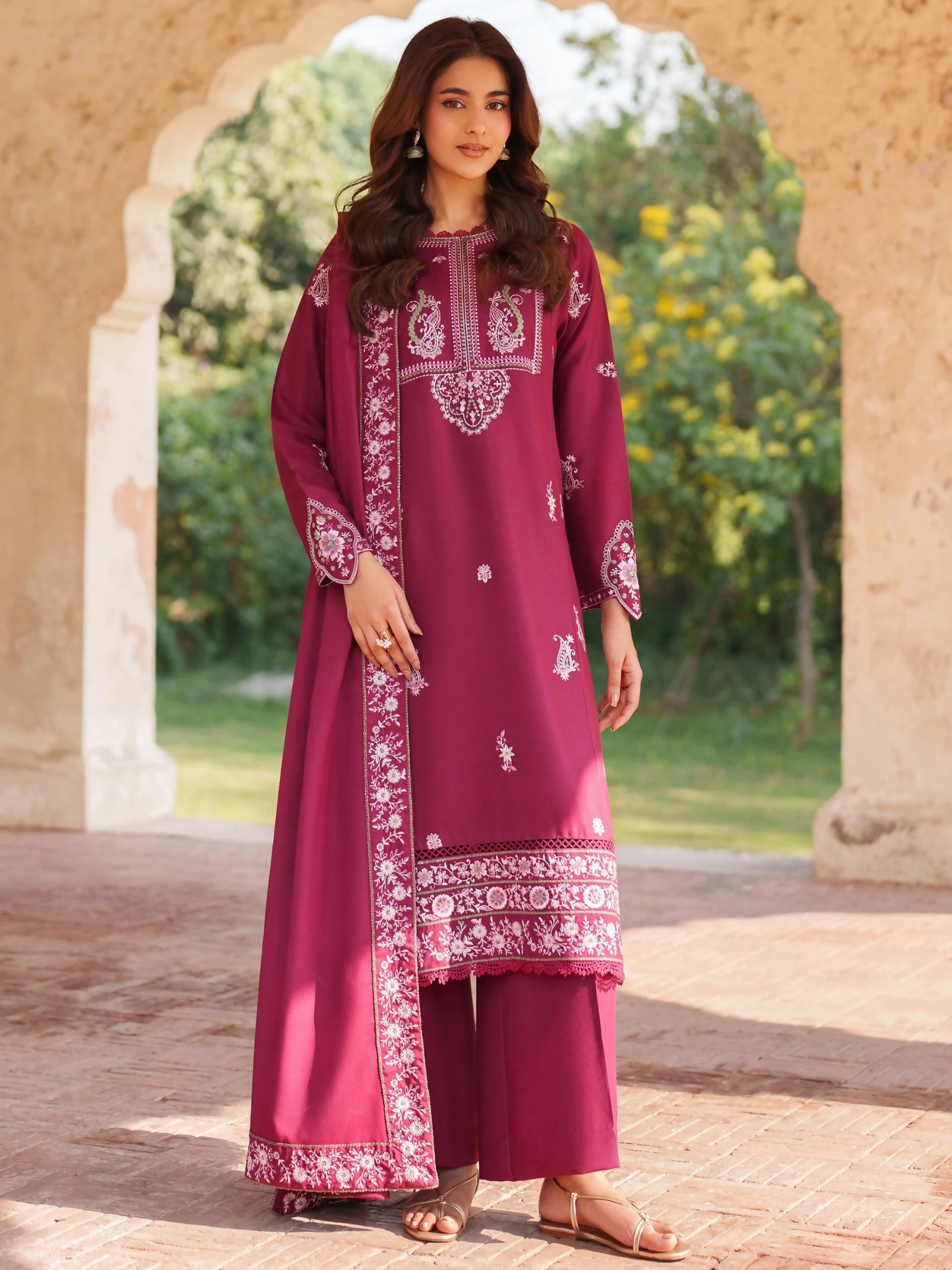 Panache Apparel Linen Embroidered Stitched Suit-Alara